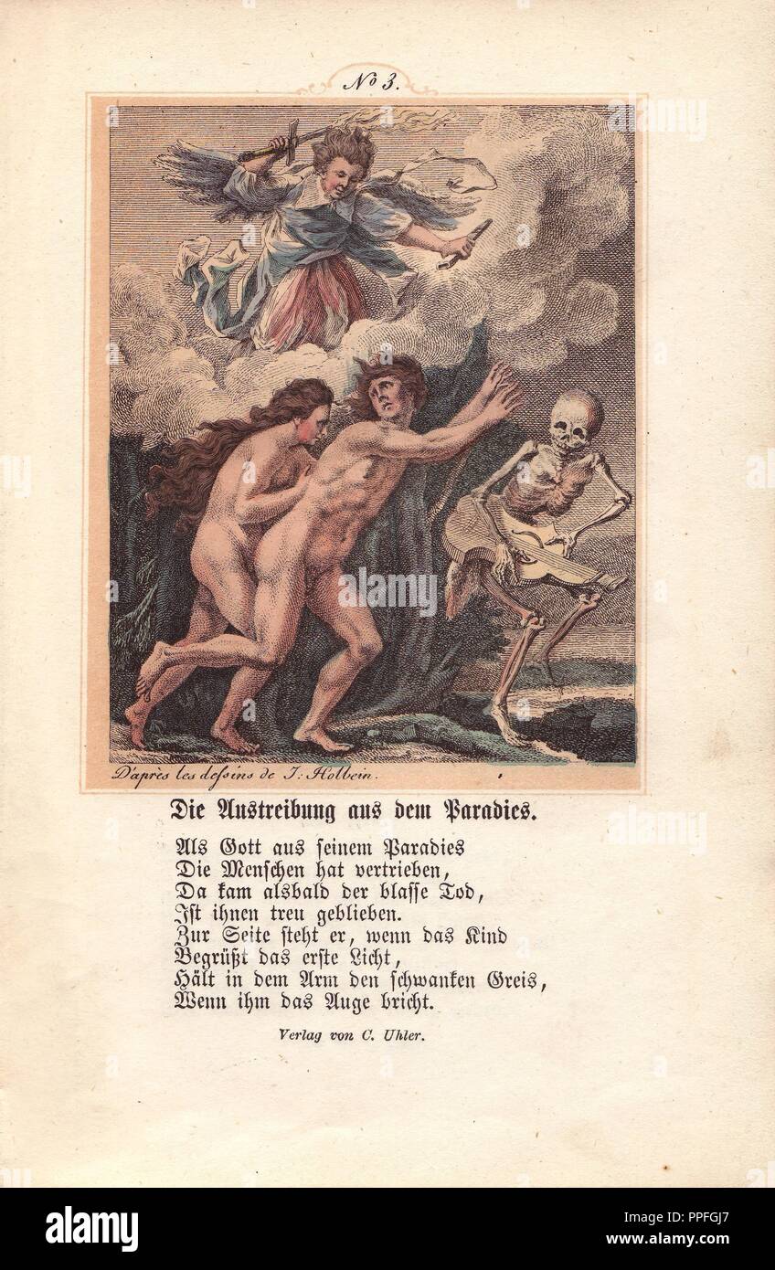 La cacciata dal paradiso: Adamo ed Eva sono preceduti dalla morte, che gioca su una vielle o Beggar's Lyra, come se dimostrando la sua gioia per la vittoria che egli ha ottenuto oltre l'uomo. Colorate a mano incisione di Chretien de Mechel da Hans Holbein il "Trionfo della Morte", basata su disegni originali di Peter Paul Rubens, 1860. Foto Stock