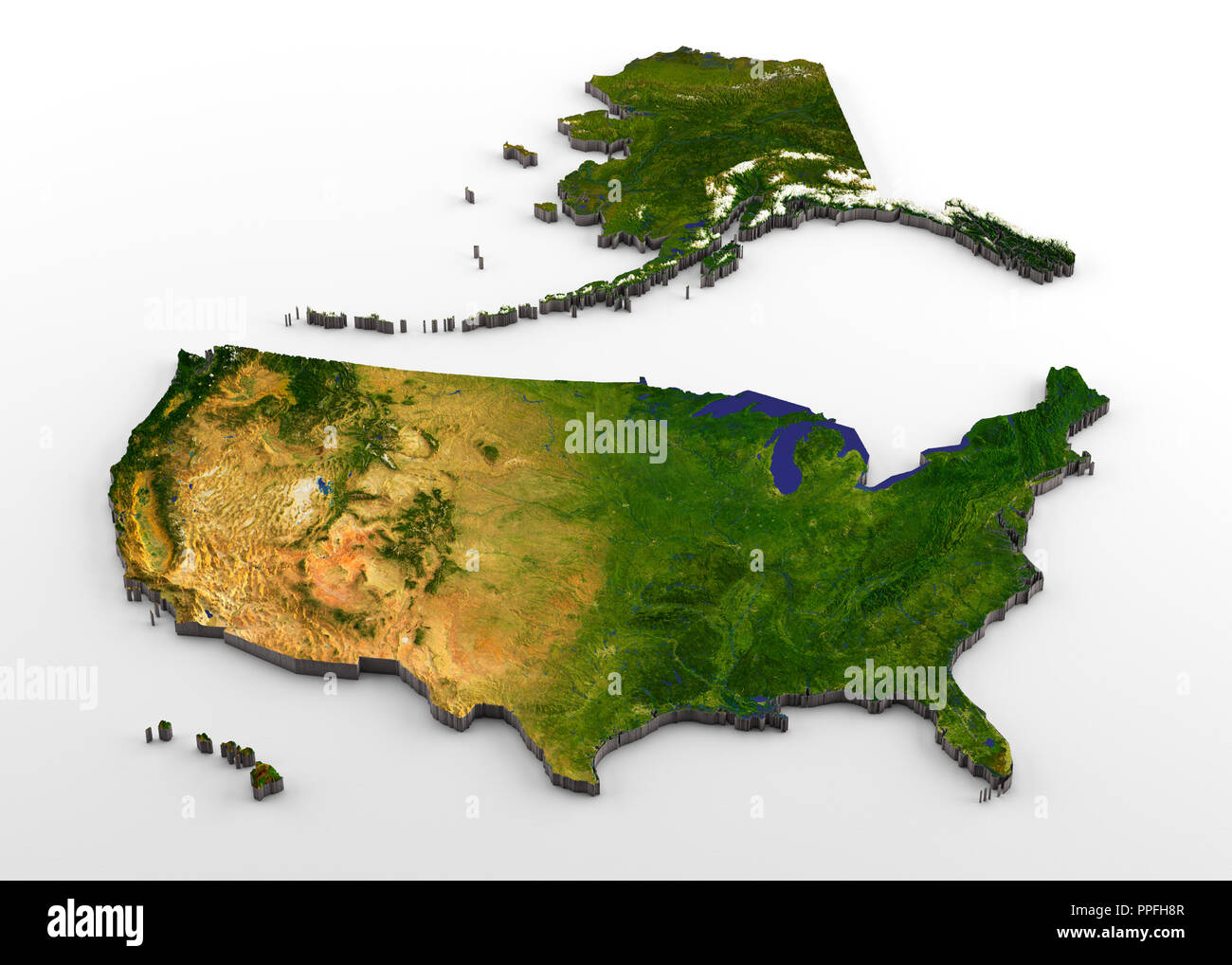 3D rendering di estrusi ad alta risoluzione mappa fisica (con rilievo) degli Stati Uniti, incluse Alaska e Hawaii, isolato su sfondo bianco Foto Stock