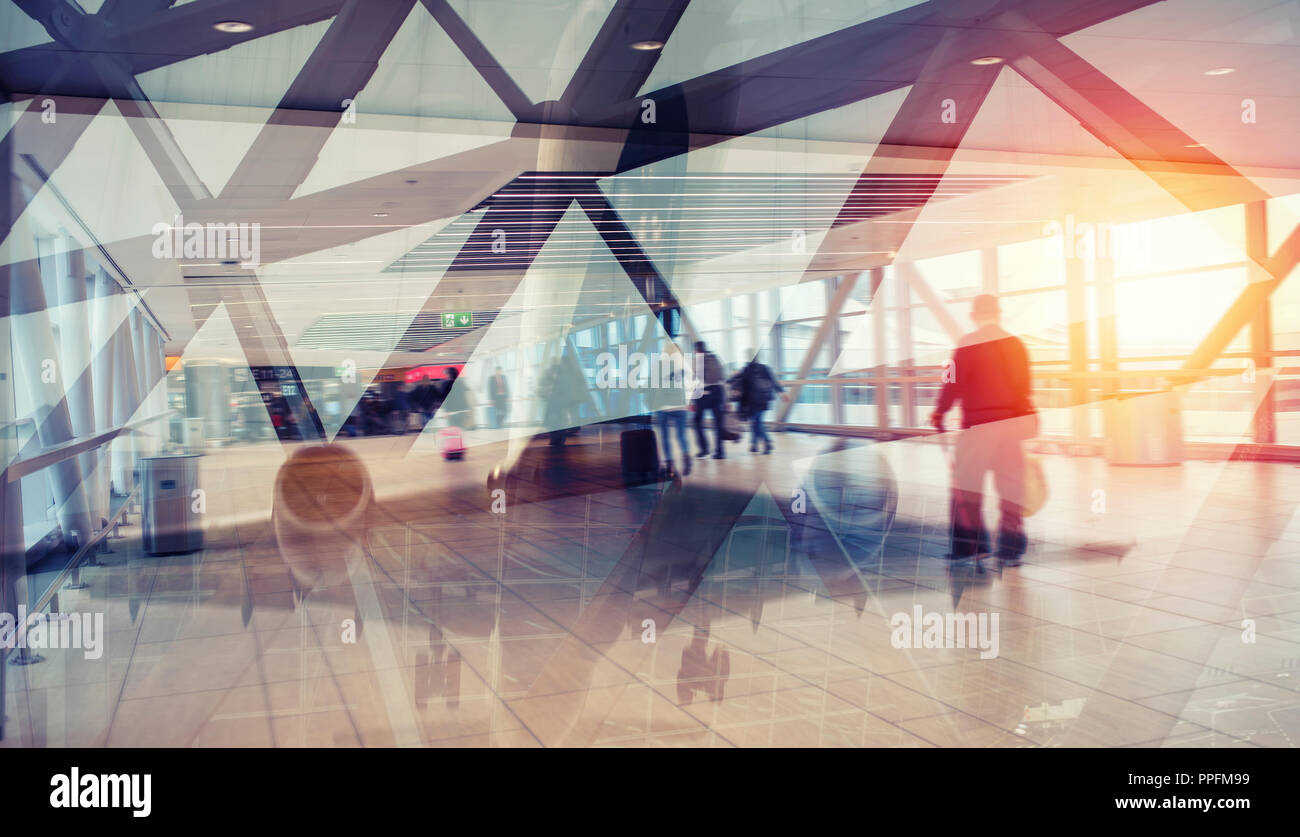 Aeroporto moderno con effetti di sfocatura. doppia esposizione Foto Stock