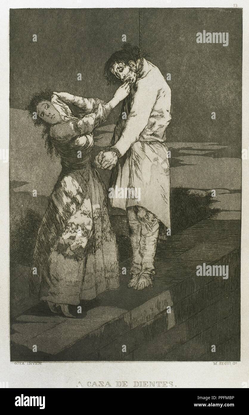 Arte del XVIII secolo. Spagna. GOYA, Francisco (Fuendetodos, 1746-Bordeaux, 1828). Lo spagnolo pittore e incisore. A caccia di denti. "L'attacco appartenenti alla collezione di incisioni 84 intitolata "CAPRICHOS 'di satirico-tema fantasmagorico, pubblicato nel 1799. Riproduzione di M. Seguí i Riera. Foto Stock