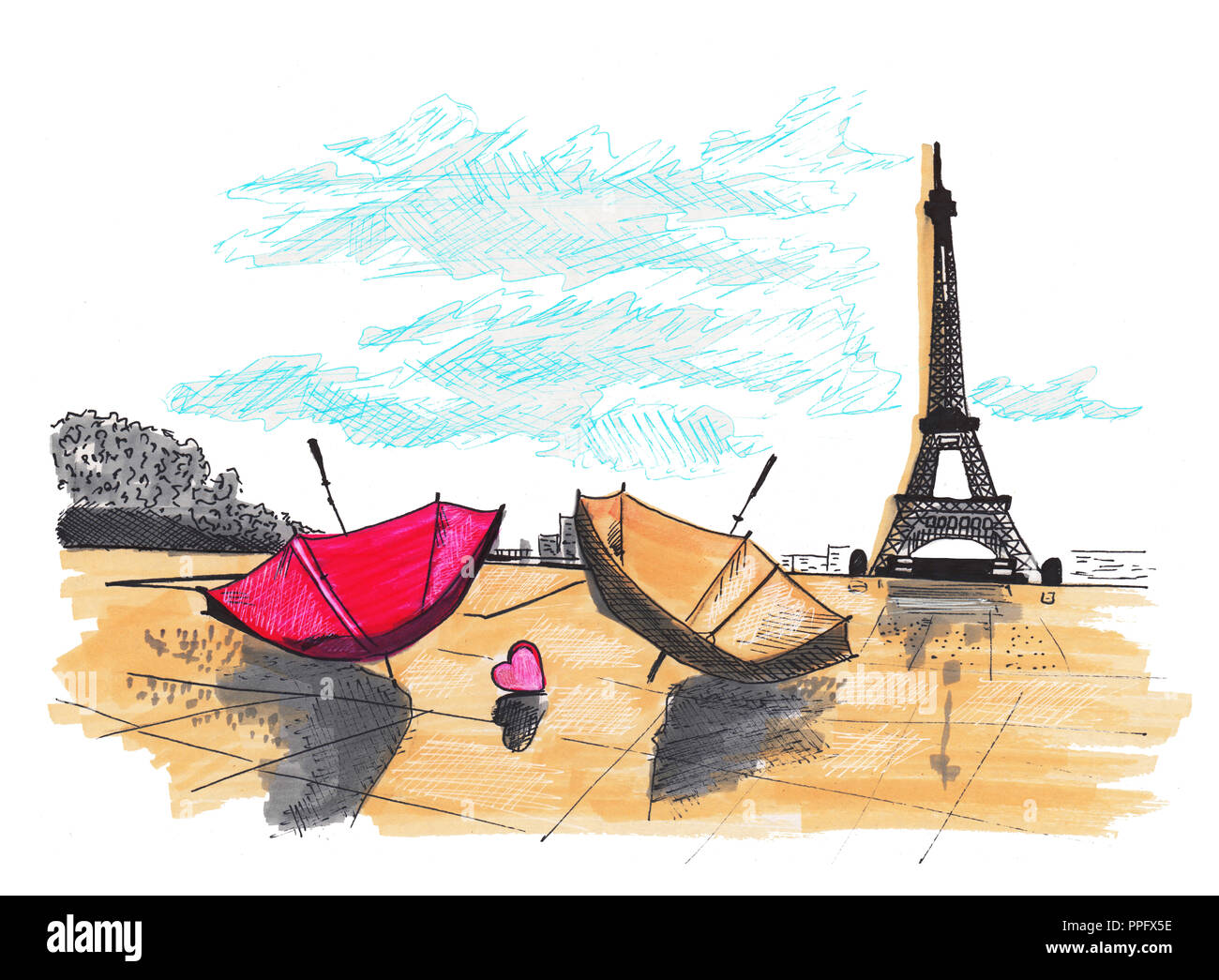 Illustrazione Dei Marcatori Di Disegno Rapporto Romantico Sullo Sfondo Della Torre Eiffel A Parigi Foto Stock Alamy