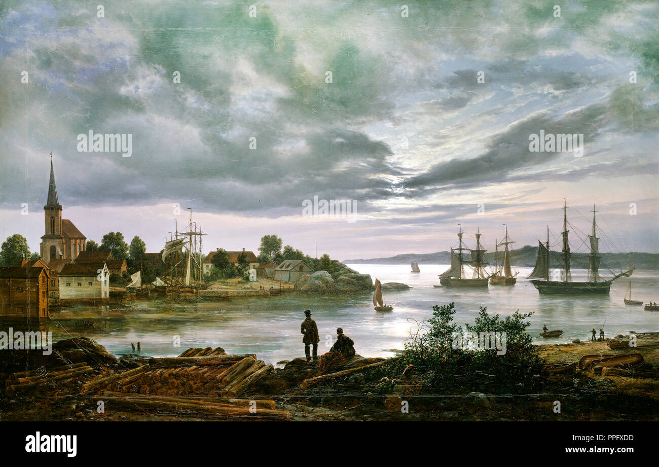 Johan Christian Dahl - Larvik al chiaro di luna 1839 olio su tela. Galleria Nazionale di Norvegia, Oslo, Norvegia. Foto Stock