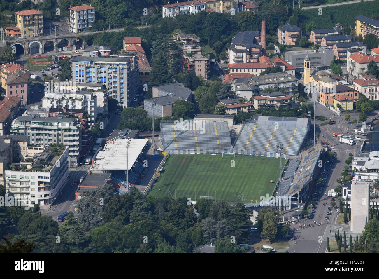 Vista aerea del soccer stadium per Como 1907 Foto Stock