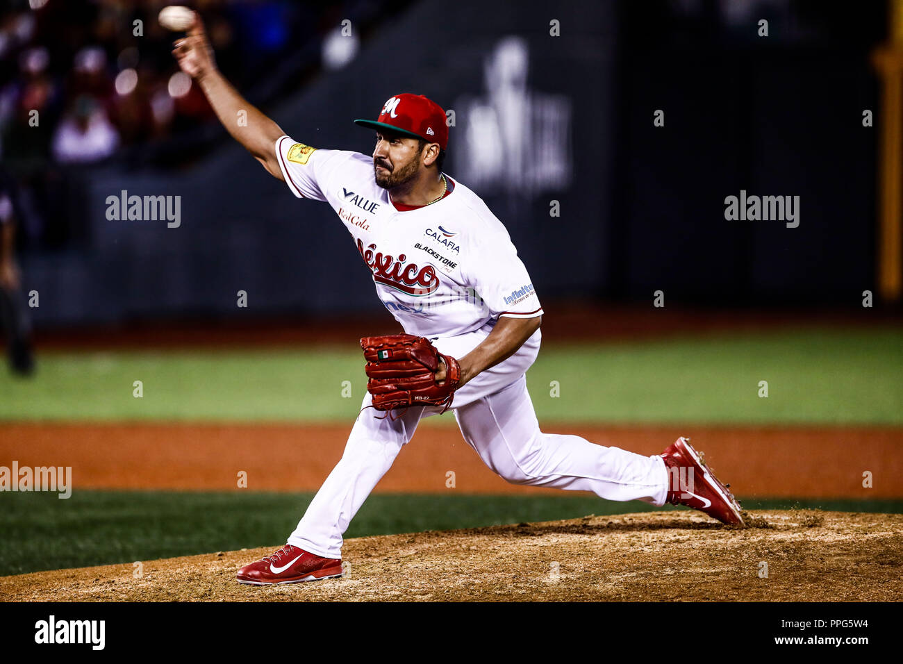 Rolando Valdez brocca abridor de Mexico. Acciones, duranti el partido de beisbol de la Serie del Caribe con el encuentro entre Tomateros de Culiaca Foto Stock