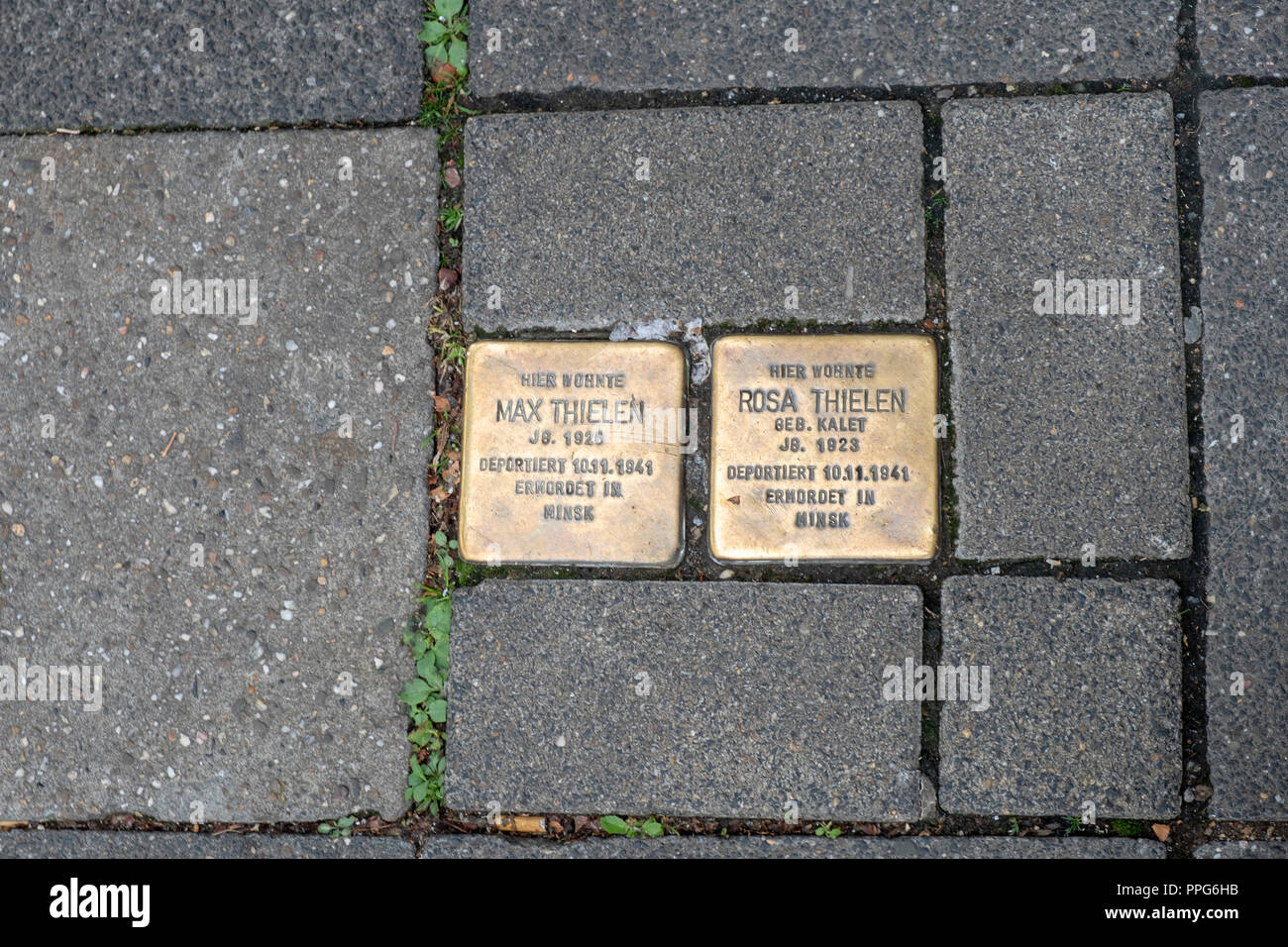 Le pietre di inciampo in memoria delle vittime del Nazionalsocialismo annegato nel marciapiede in Dusseldorf, Germania Foto Stock