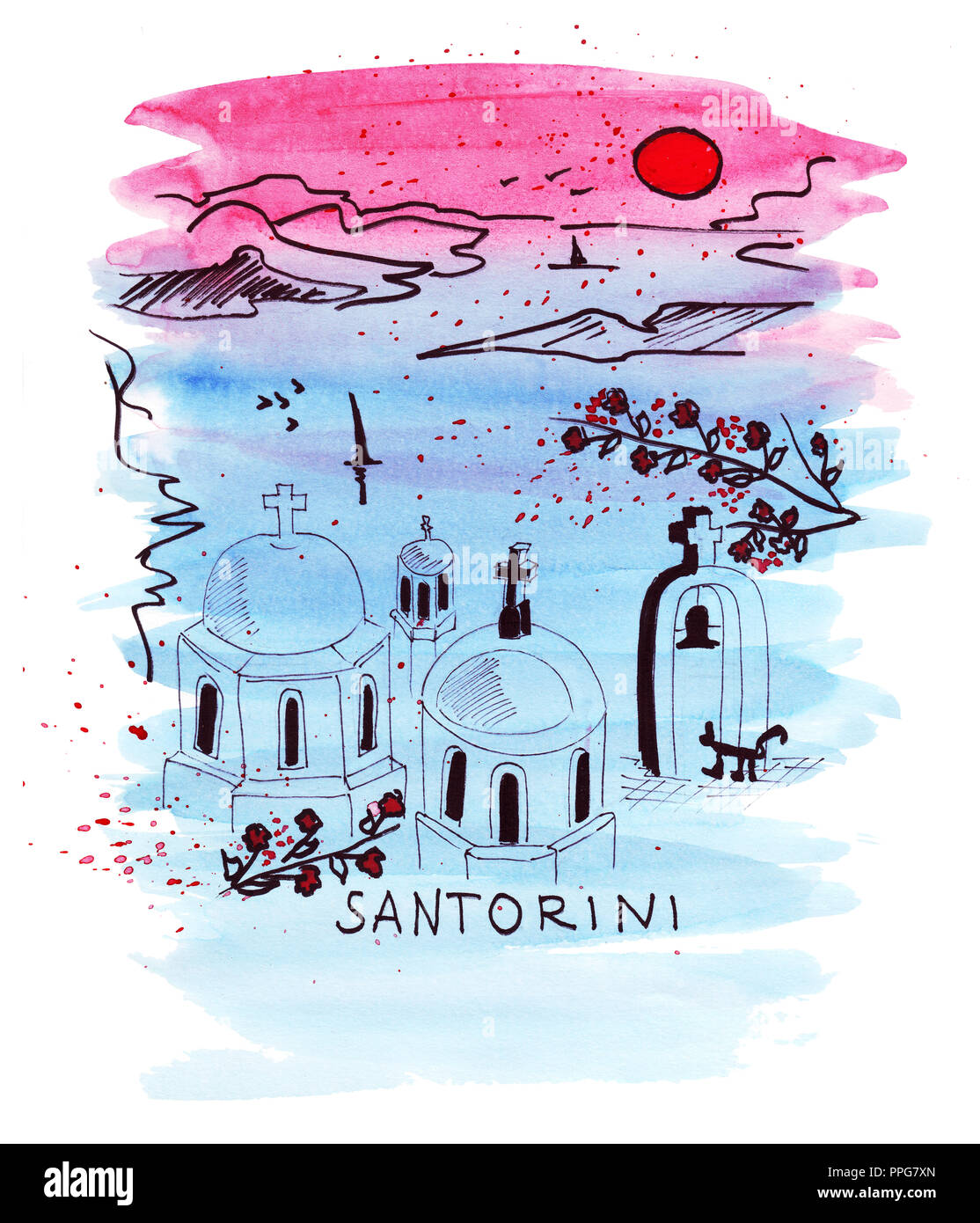 Disegno a mano la Grecia sketch la famosa località balneare sul Mar Egeo Foto Stock