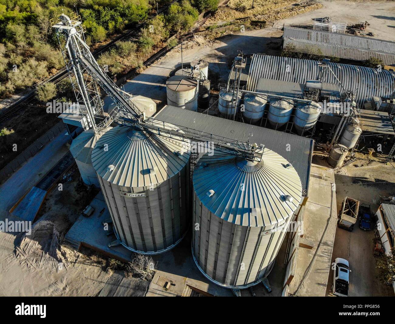 Vista aerea di fienili, struttura in acciaio di fienili nel Expogan, bestiame Regionale Europea di Sonora (UGRS). Hermosillo Sonora Foto Stock