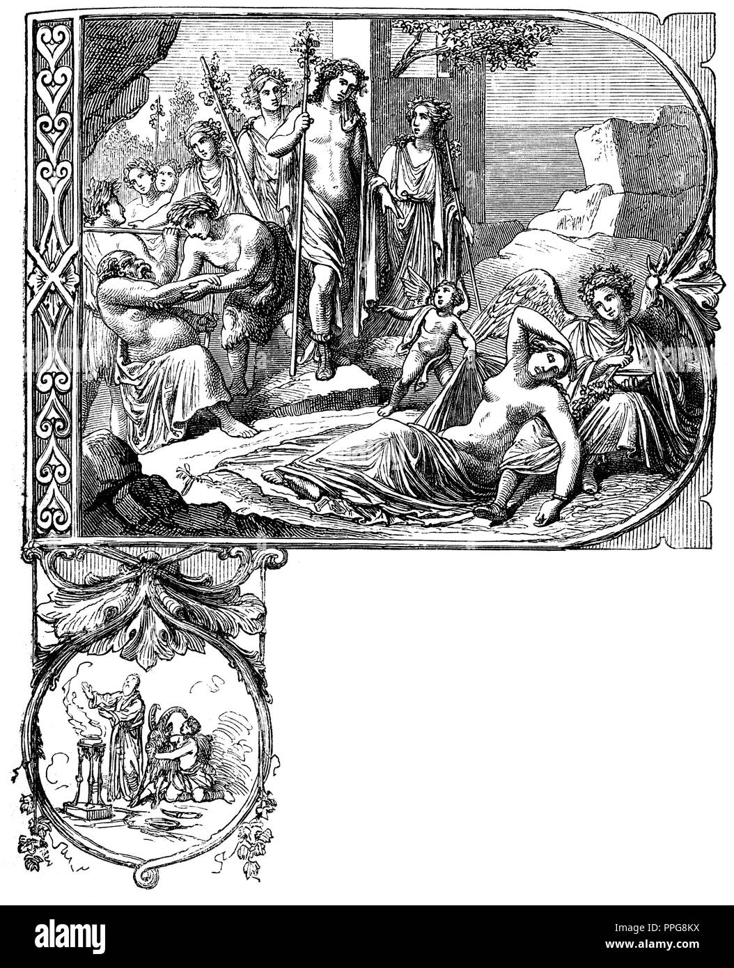 Dioniso, dio del vino e si avvicina all'abbandonato Arianna, capitolo vignette, anonym 1867 Foto Stock