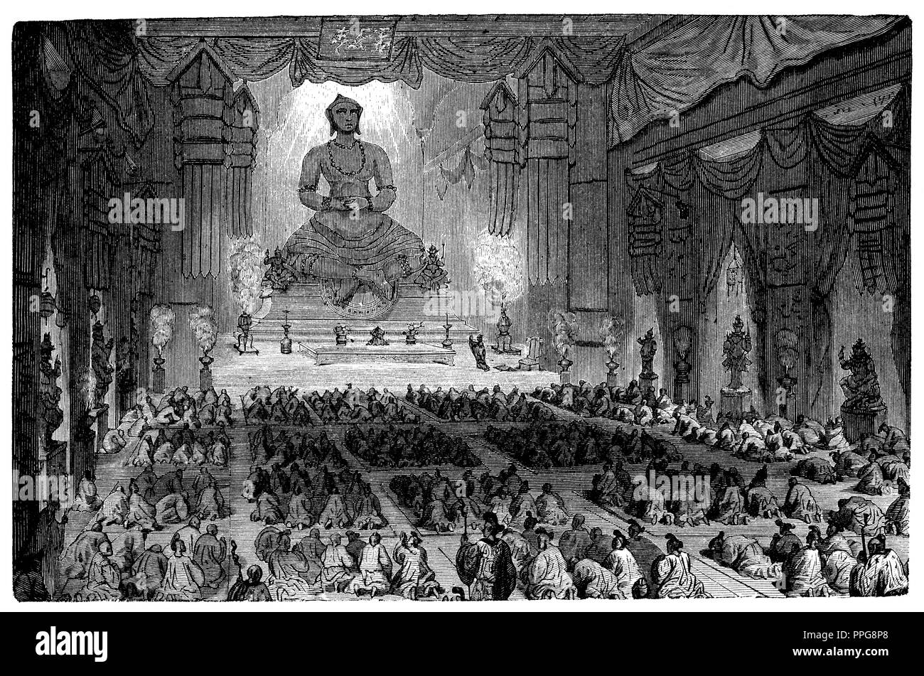 Il culto del Buddha nel monastero di mille llama a Pechino, anonym 1867 Foto Stock