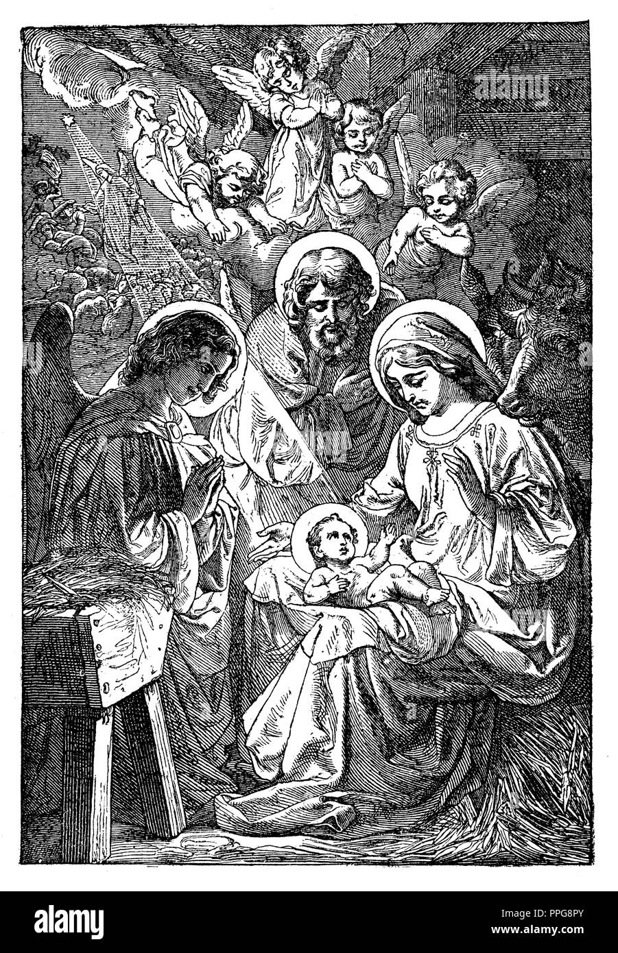 La Santa Famiglia: Giuseppe, Maria e Cristo, Angeli;la santa Famiglia: Giuseppe, Maria e Cristo, angeli, anonym 1879 Foto Stock