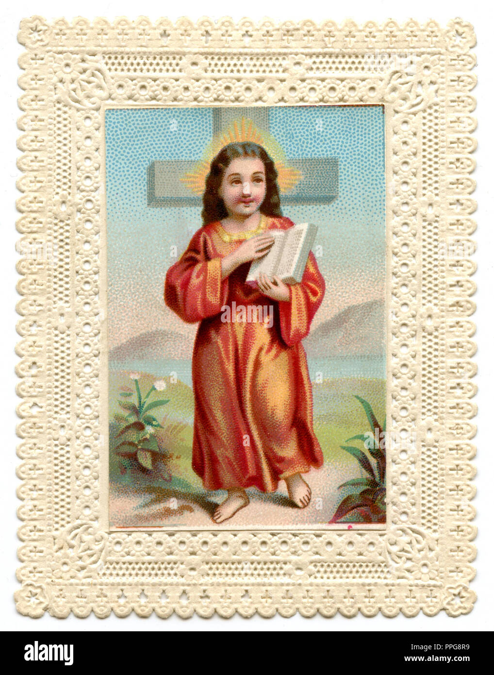 Immagine devozionale con punto di carta: Gesù Cristo con il libro, Foto Stock