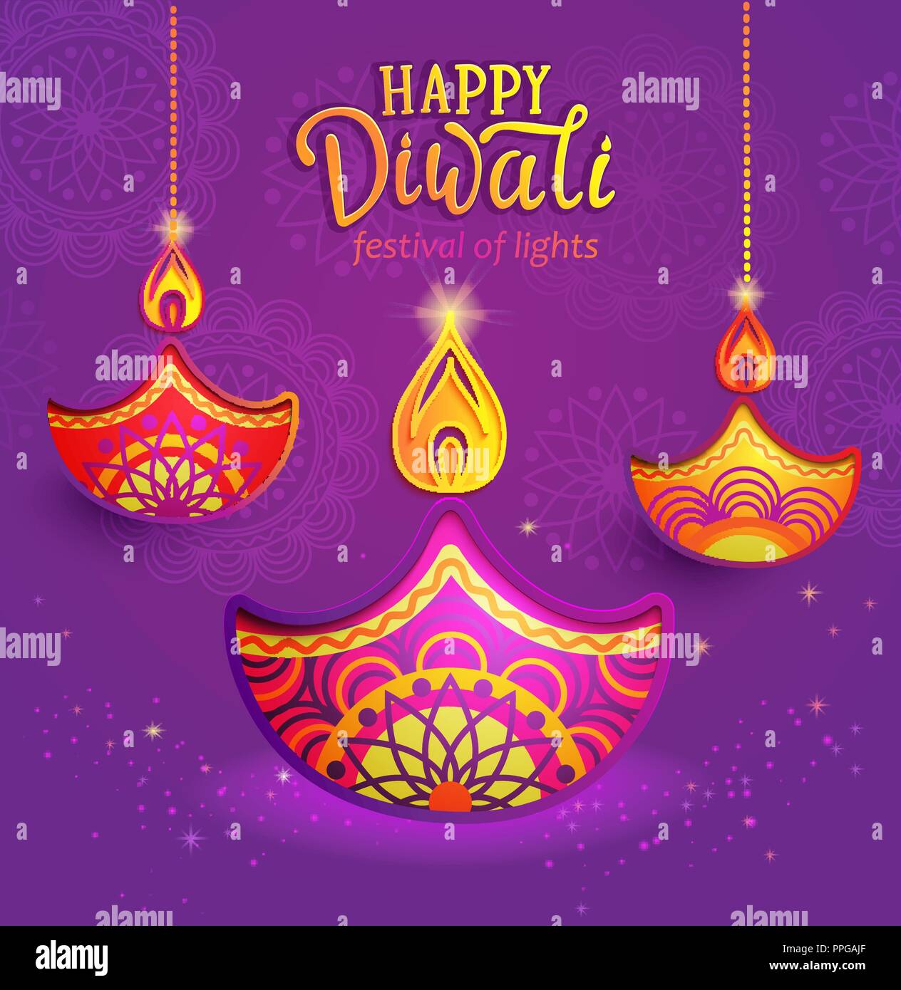 Banner per felice Diwali, biglietto di auguri per il festival indiano con il simbolo della lampada ad olio e fuoco. Perfetto per pubblicizzare, poster, volantini, sfondi. Illustrazione Vettoriale. Illustrazione Vettoriale
