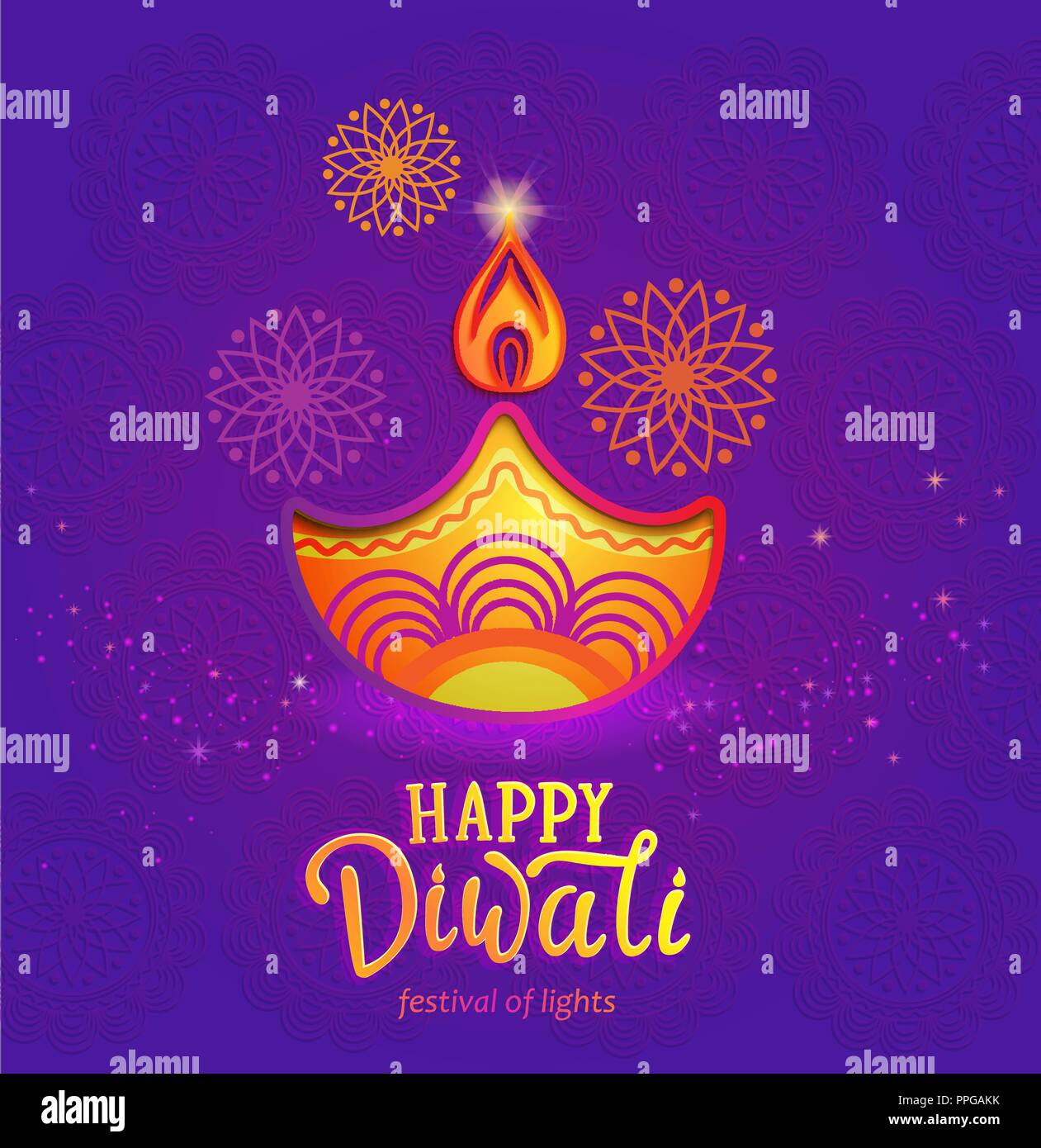 Il festival indiano delle luci - felice Diwali, grazioso banner, biglietto di auguri con il simbolo della lampada ad olio e fuoco. Perfetto per pubblicizzare, poster, volantini, sfondi. Illustrazione Vettoriale. Illustrazione Vettoriale