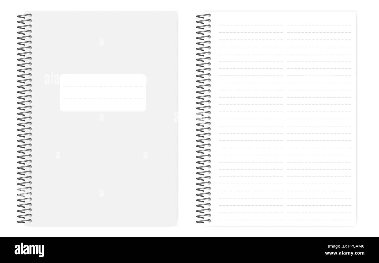 Due colonne di linea tratteggiata notebook con perforazione laterale dei  fogli, realistici mockup. La rilegatura a filo formato A4 notepad, mock up. Perforatrice  fogli mobili copybook, modello Immagine e Vettoriale - Alamy