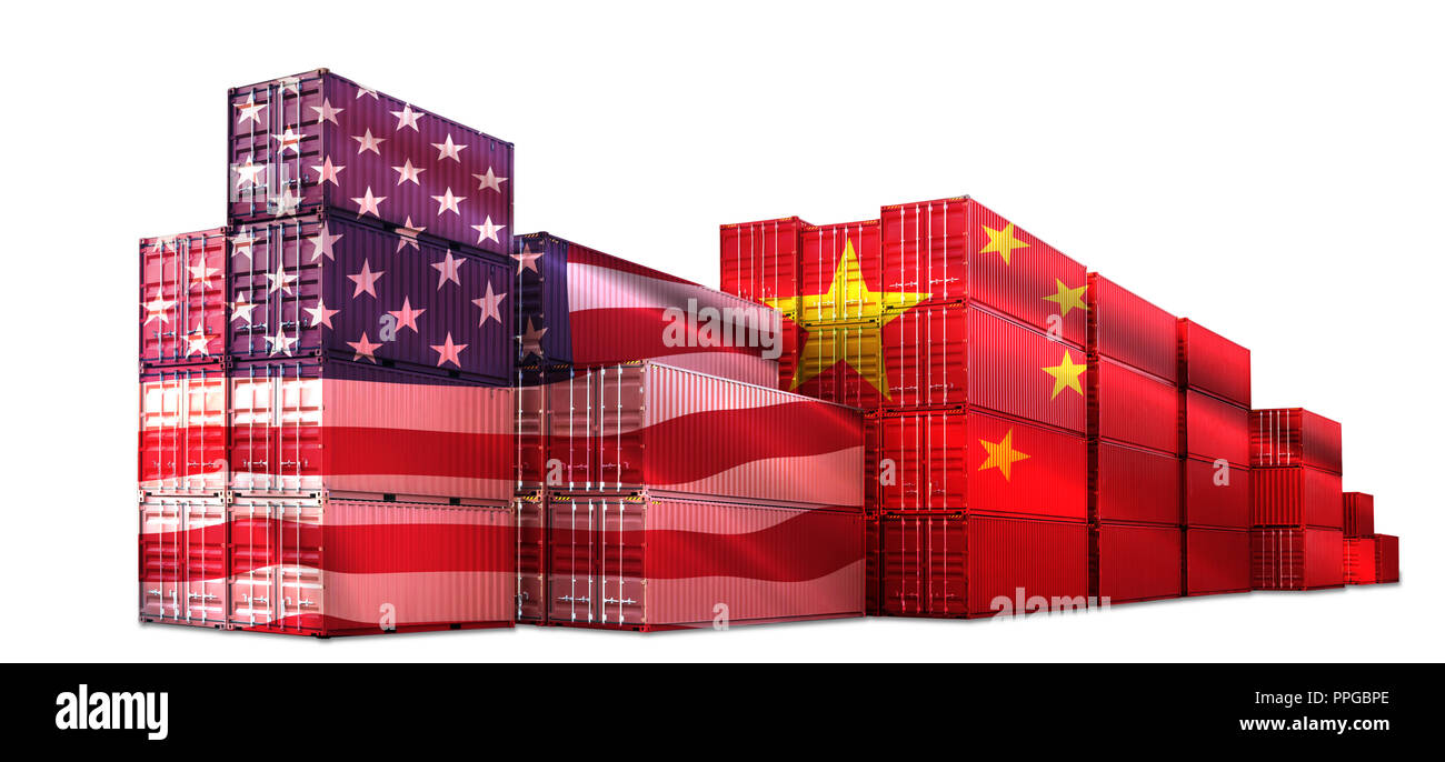 Guerra commerciale tariffe doganali Cina e America concetto. Red spedizioni Cargo business contenitore di importazione e di esportazione società per la logistica e il trasporto fla Foto Stock