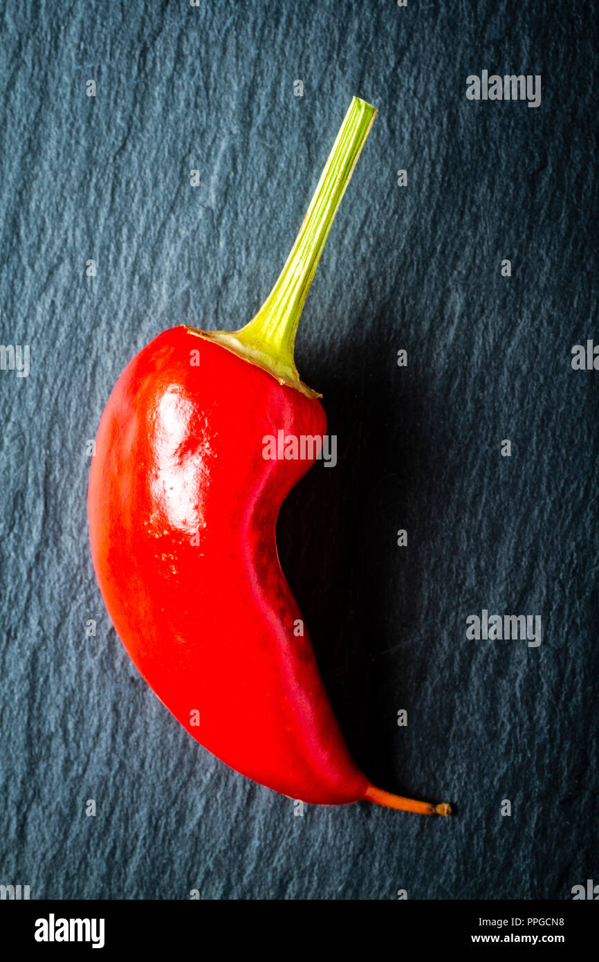 Peperoncino rosso su una scheda di ardesia. Florianopolis, Santa Catarina, Brasile. Foto Stock