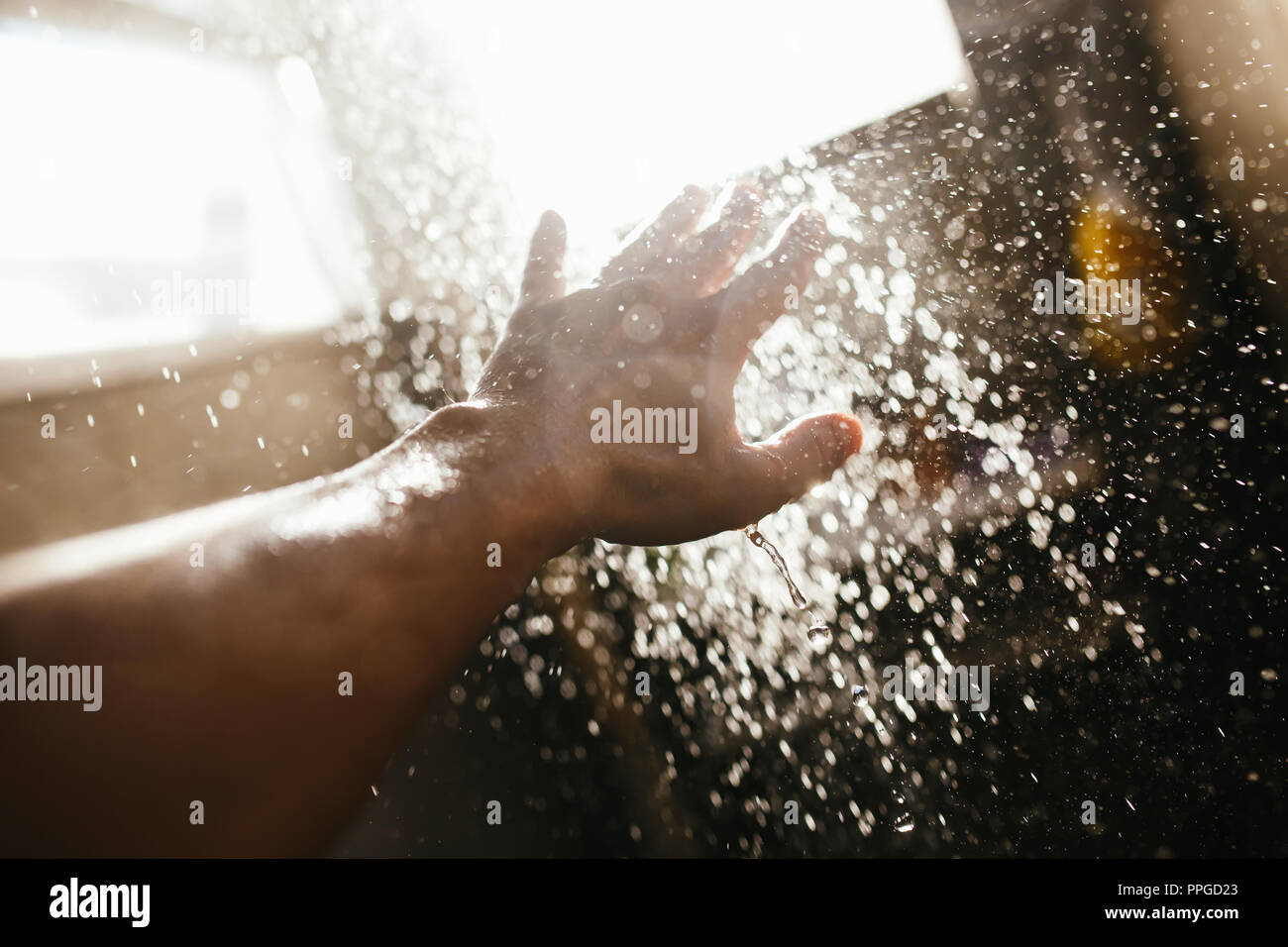 Una mano d'uomo in uno spruzzo di acqua nella luce del sole contro uno sfondo scuro. Acqua come un simbolo della purezza e della vita. Foto Stock