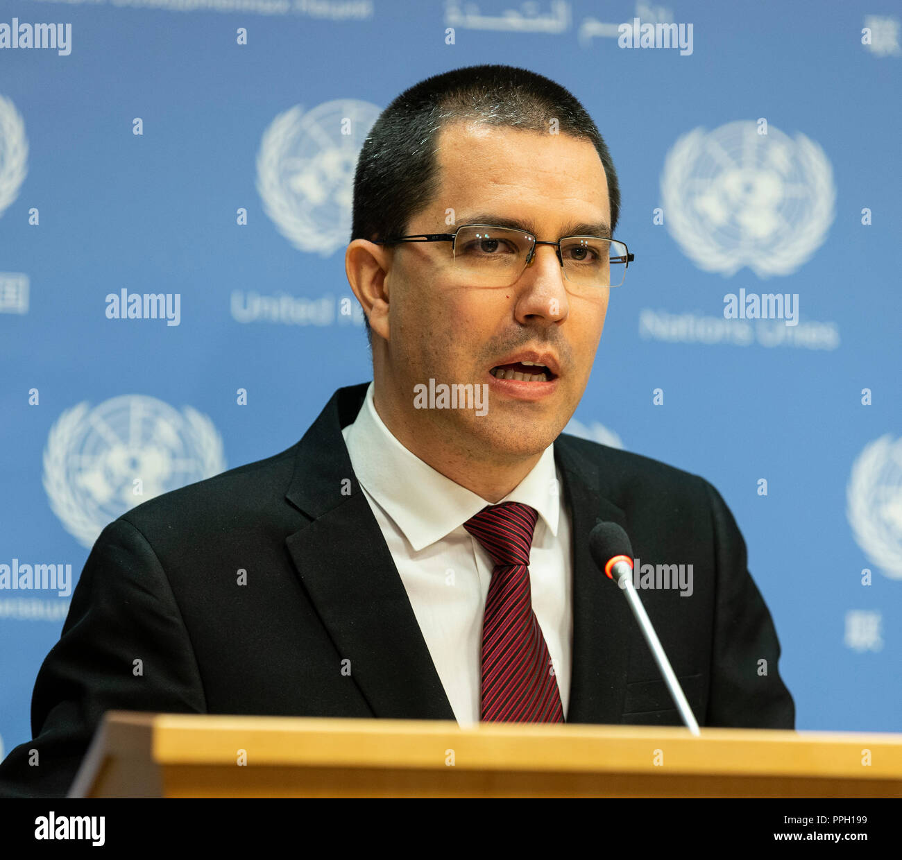 New York, NY - 25 Settembre 2018: press briefing da Jorge Arreaza il Ministro per gli Affari esteri della Repubblica Bolivariana del Venezuela presso la sede delle Nazioni Unite Credito: lev radin/Alamy Live News Foto Stock