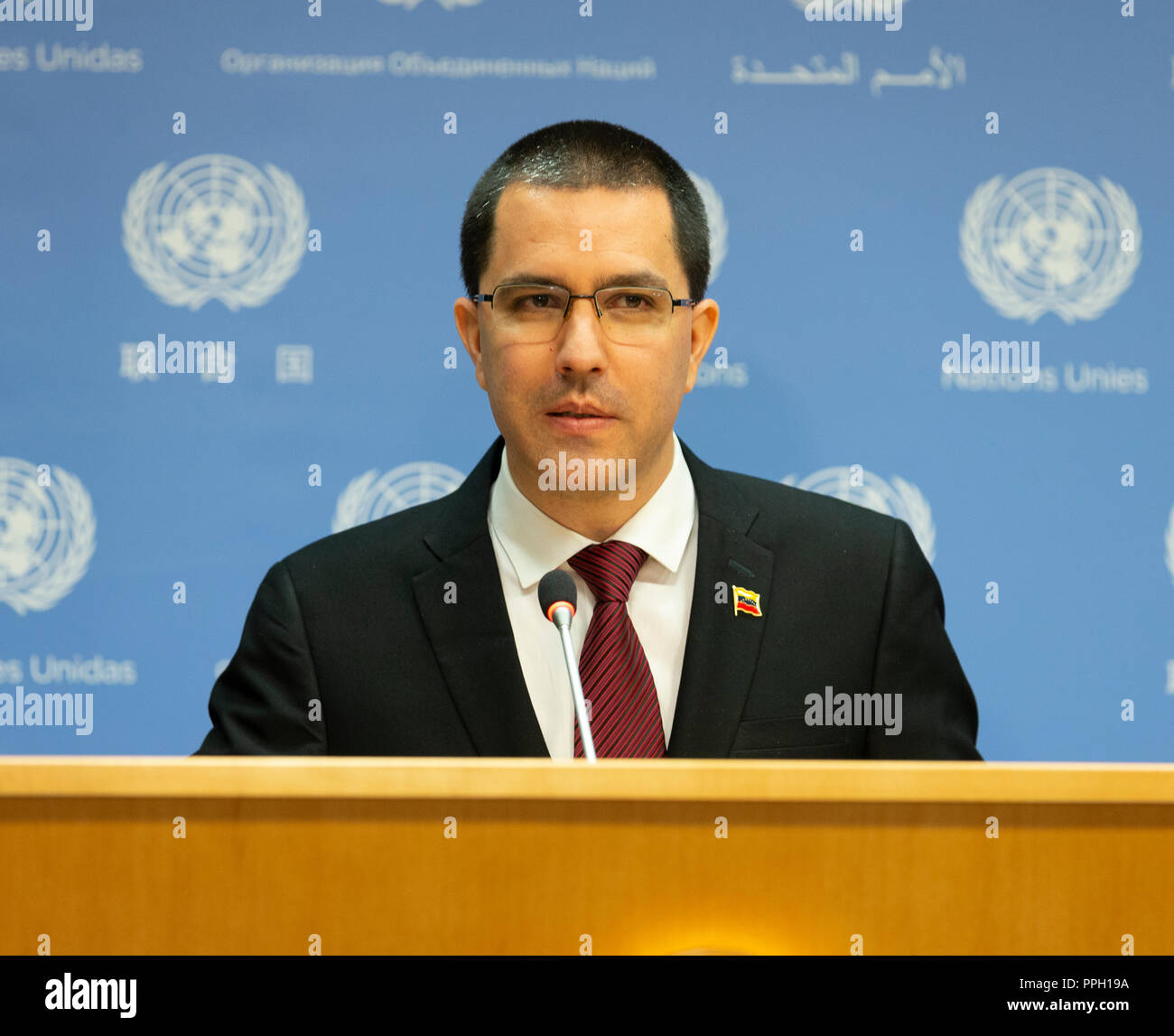 New York, NY - 25 Settembre 2018: press briefing da Jorge Arreaza il Ministro per gli Affari esteri della Repubblica Bolivariana del Venezuela presso la sede delle Nazioni Unite Credito: lev radin/Alamy Live News Foto Stock