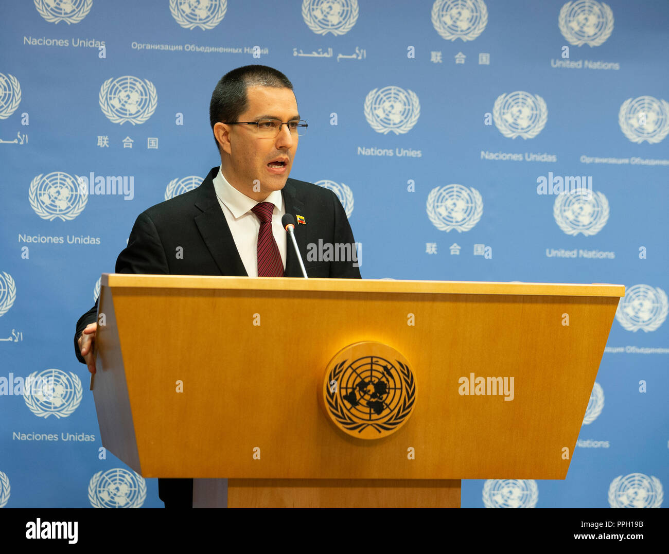 New York, NY - 25 Settembre 2018: press briefing da Jorge Arreaza il Ministro per gli Affari esteri della Repubblica Bolivariana del Venezuela presso la sede delle Nazioni Unite Credito: lev radin/Alamy Live News Foto Stock