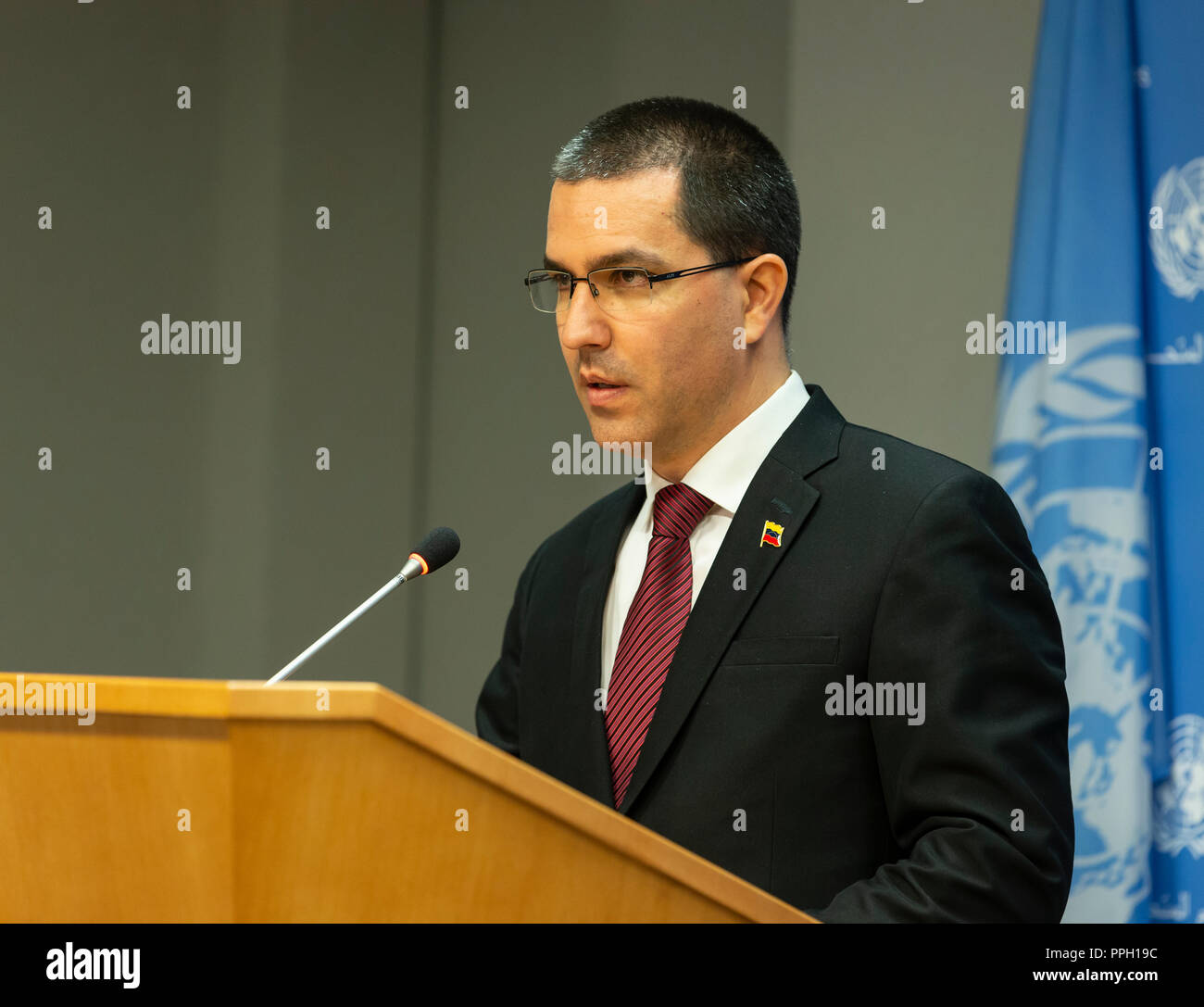 New York, NY - 25 Settembre 2018: press briefing da Jorge Arreaza il Ministro per gli Affari esteri della Repubblica Bolivariana del Venezuela presso la sede delle Nazioni Unite Credito: lev radin/Alamy Live News Foto Stock