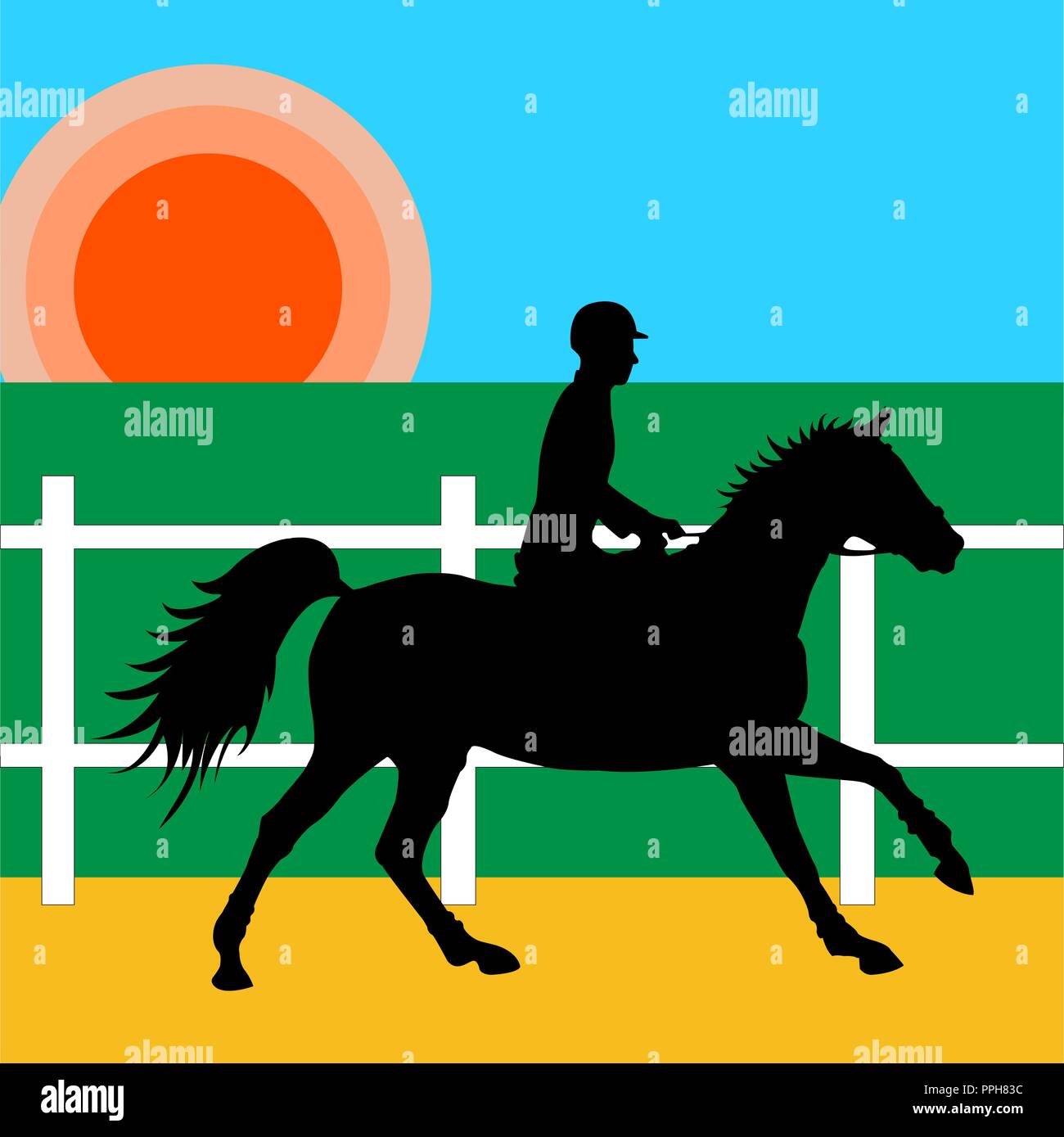 Cavaliere a cavallo nel maneggio hall sotto il Rising Sun Illustrazione Vettoriale