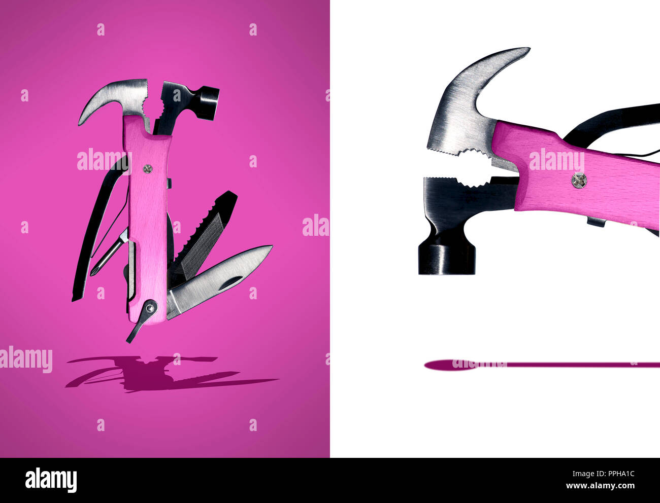 Rosa in legno multitool con martello, File, Sega, pinza, coltello Foto Stock