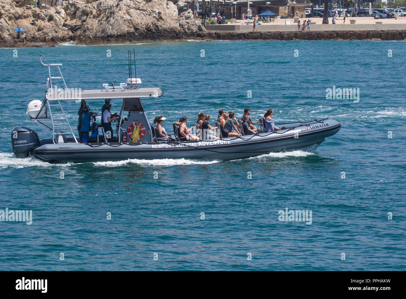 Newport avventura costiere vita marina guardando la barca lasciando Newport Beach, California, Stati Uniti d'America. Foto Stock