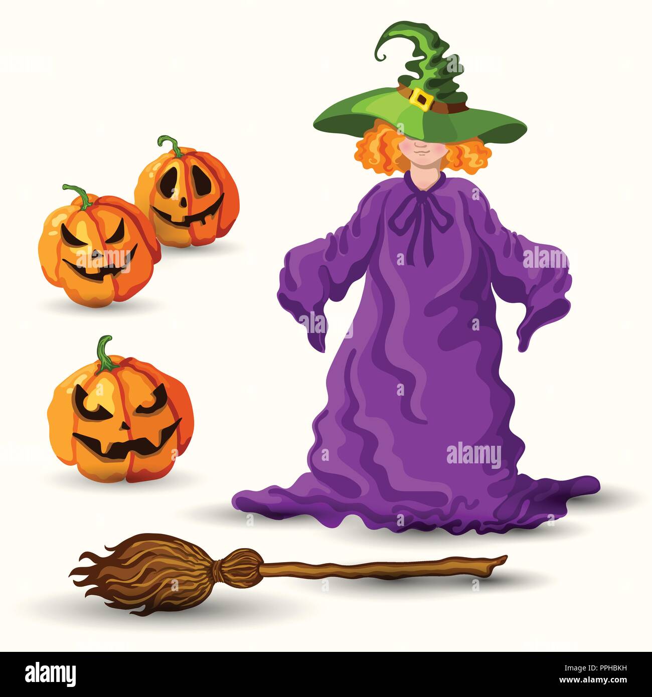 Stile Cartoon vector giovane strega nel cappello verde, la magia di ginestra e Halloween zucca lanterna isolati su sfondo bianco Illustrazione Vettoriale