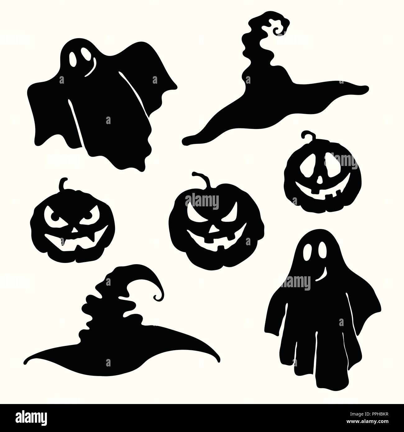 Due silhouette nera ghost, carving faccia zucca lanterna e strega hat stencil isolato su uno sfondo bianco. Il taglio laser modello Illustrazione Vettoriale