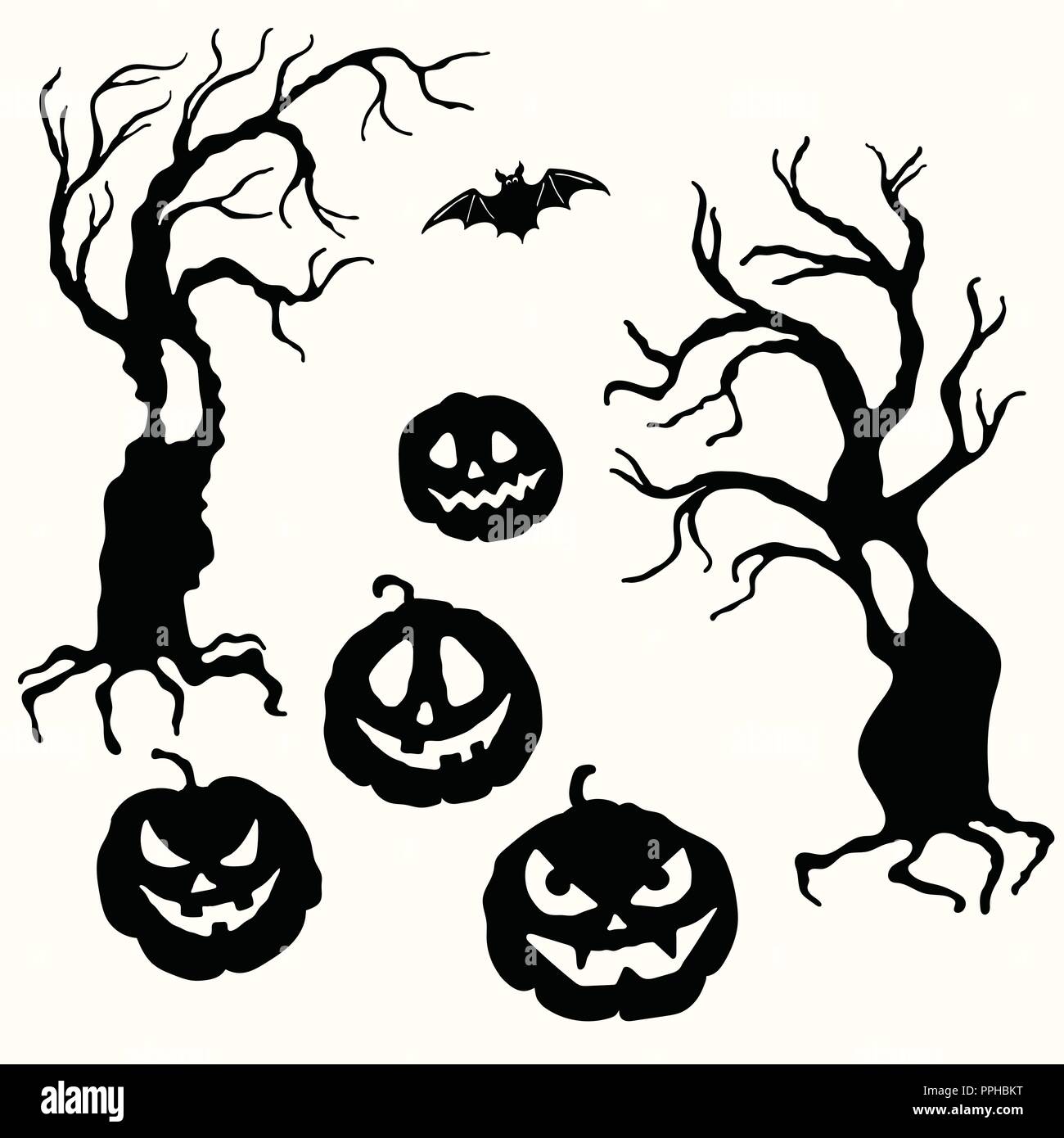 Vettore di Halloween faccia carving zucca lanterna e stencil albero isolato su uno sfondo bianco. Il taglio laser modello Illustrazione Vettoriale