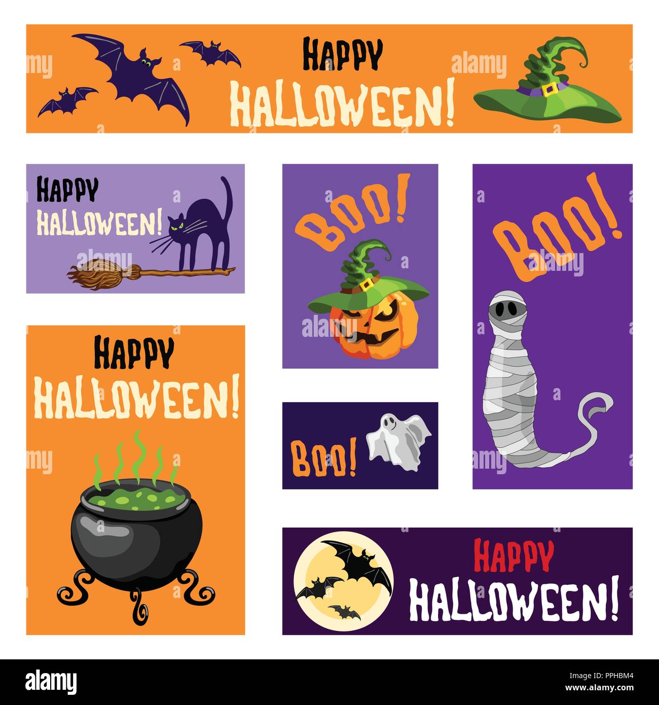 Vettore di Halloween stile cartoon banner impostato con zucca lanterna, Gatto nero, ghost, la mummia, bat, luna piena, witch hat, ginestra e calderone Illustrazione Vettoriale