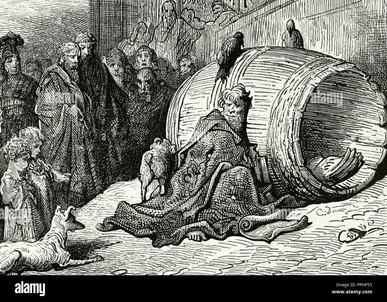 Diogene (412-323 a.C.). Filosofo greco. Uno dei fondatori della filosofia cinico. Noto anche come Diogene il cinico. Diogene rifugi in sua canna. Incisione di Gustave Dore. Foto Stock