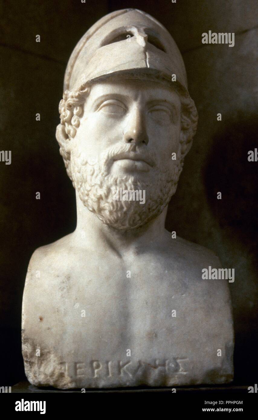Pericle (495-429 a.C.). Statista greco, oratore e generale di Atene. Busto in marmo. Copia romana dopo un originale greco bronce, 440-430 A.C. British Museum. Londra, Regno Unito. Foto Stock