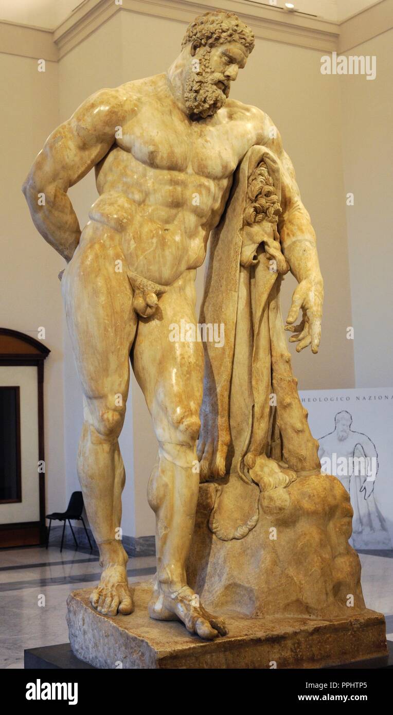 Ercole in riposo o Ercole Farnese. Copia romana, estremità 2nd-primi anni del III secolo d.c. da un originale greco della seconda metà del IV secolo A.C. Dalle Terme di Caracalla a Roma. Museo Archeologico Nazionale di Napoli. L'Italia. Foto Stock