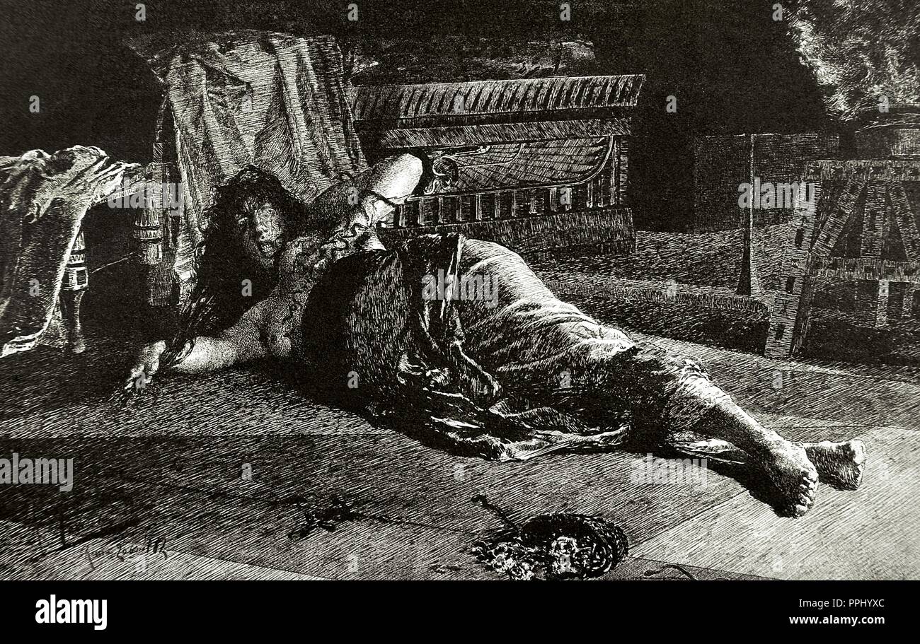 Cleopatra VII Philopator (69-30 a.C.). Regina d'Egitto. La morte di Cleopatra. L'incisione nell'illustrazione artistica, 1888. Foto Stock