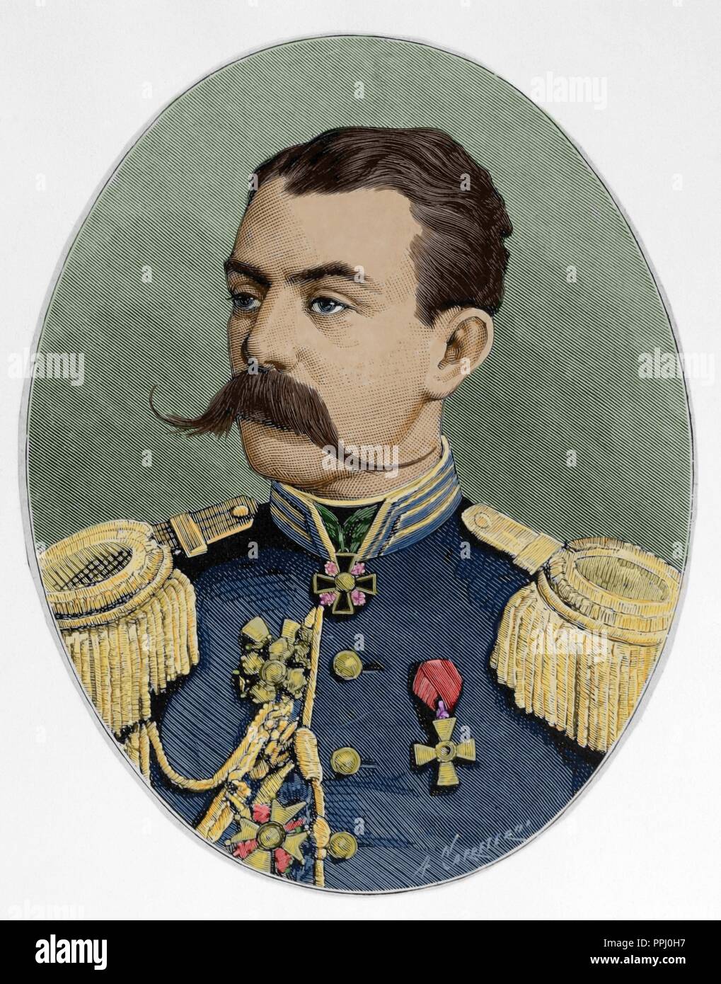 Astrukoff. Generale Russo nel Russian-Turkish guerra del 1877-1878. Incisione di Carretero. Spagnolo e illustrazione americana, 1877. Incisione colorata. Foto Stock