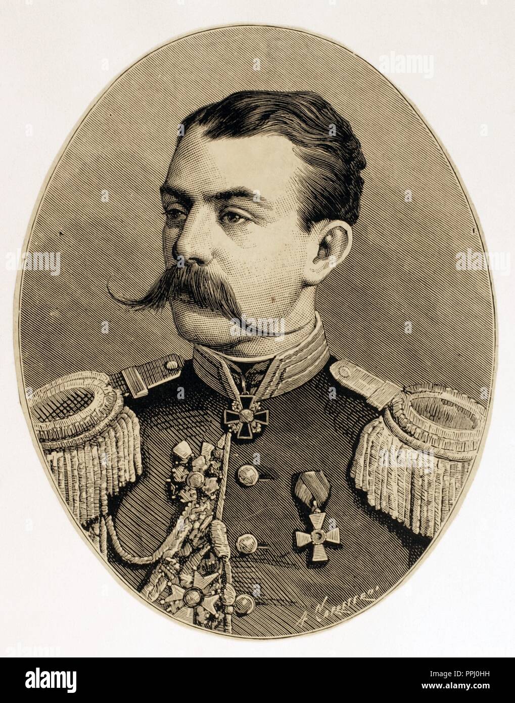 Astrukoff. Generale Russo nel Russian-Turkish guerra del 1877-1878. Incisione di Carretero. Spagnolo e illustrazione americana, 1877. Foto Stock