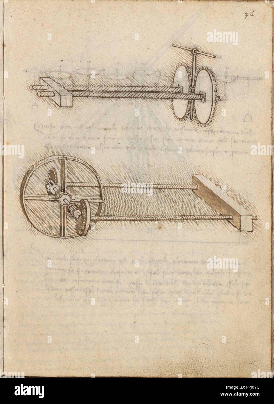 Pagina 36 del trattato di statica e di meccanica - manoscritto - XV secolo - Rinascimento italiano. Autore: LEONARDO DA VINCI. Posizione: Biblioteca Nacional-COLECCION. MADRID. Spagna. Foto Stock