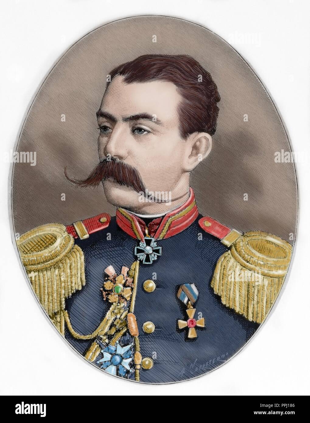 Astrukoff. Generale Russo nel Russian-Turkish guerra del 1877-1878. Incisione di Carretero. Spagnolo e illustrazione americana, 1877. Incisione colorata. Foto Stock