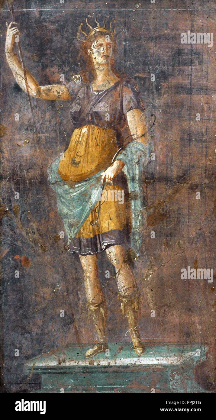 Affresco romano raffigurante una statua di Diana su un piedistallo. Sullo sfondo di una parete in rosso cinabro, annerito da esposizione al sole. I secolo A.C. Museo Archeologico Nazionale. Napoli. L'Italia. Foto Stock