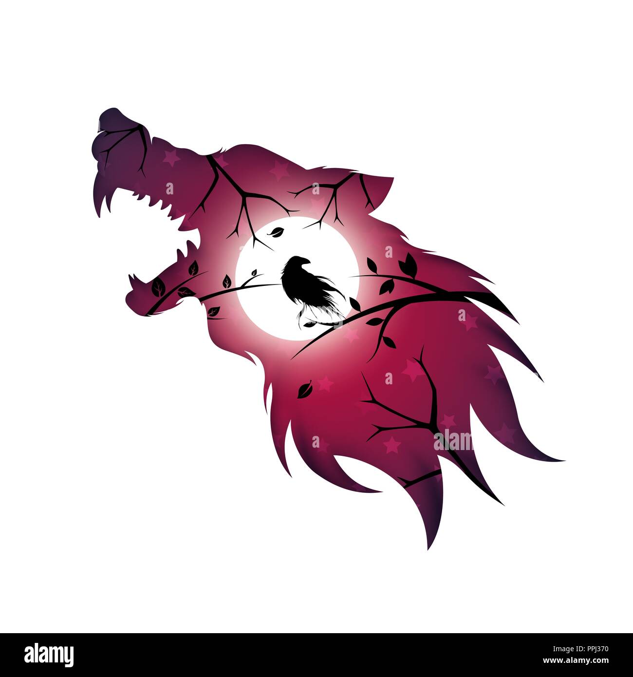 Lupo Mannaro, lupo, cane, raven crow - illustrazione della carta. Illustrazione Vettoriale