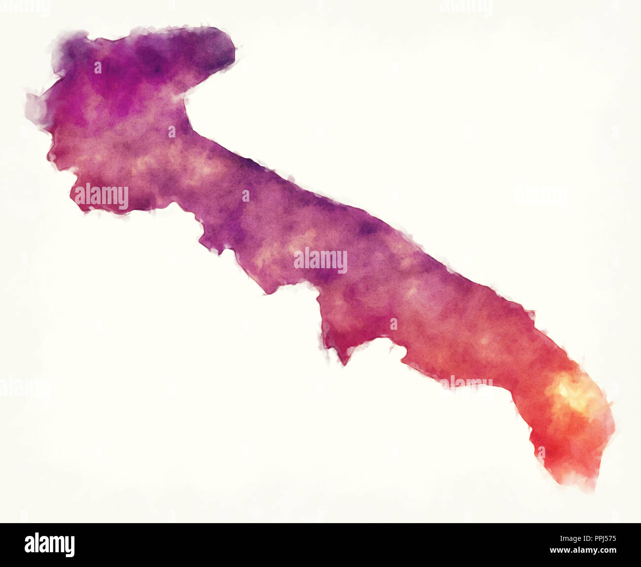 Regione Puglia Mappa acquerello di Italia davanti a uno sfondo bianco Foto Stock