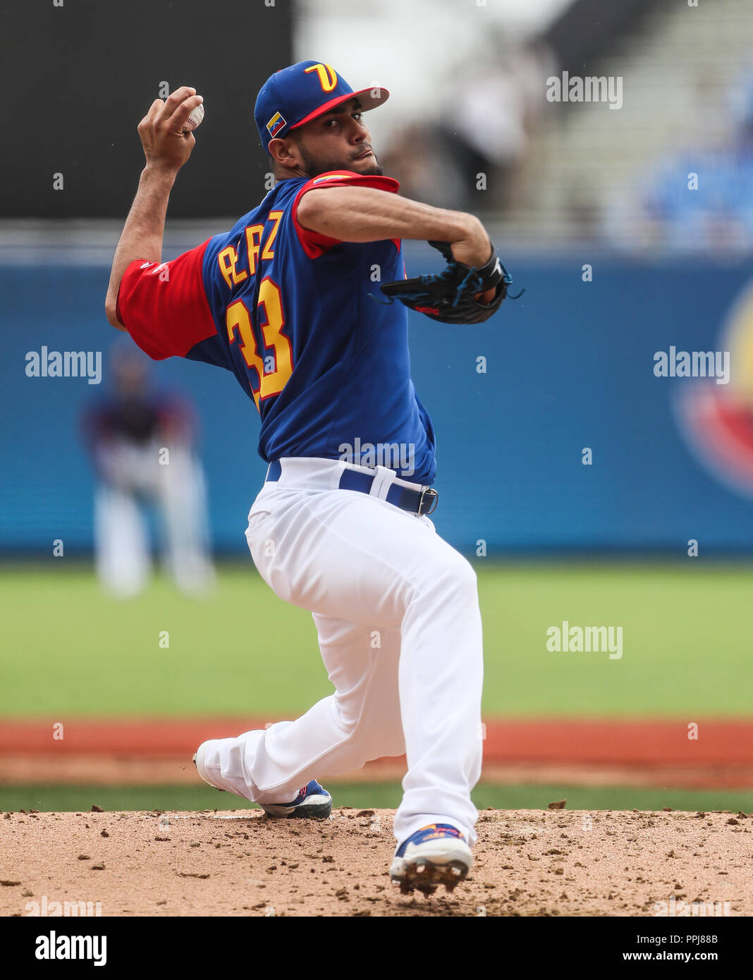 Martin Perez brocca inicial de Venezuela hace lanzamientos en el cierre del primer inning, duranti el partido entre Italia vs Venezuela, mondo Baseba Foto Stock