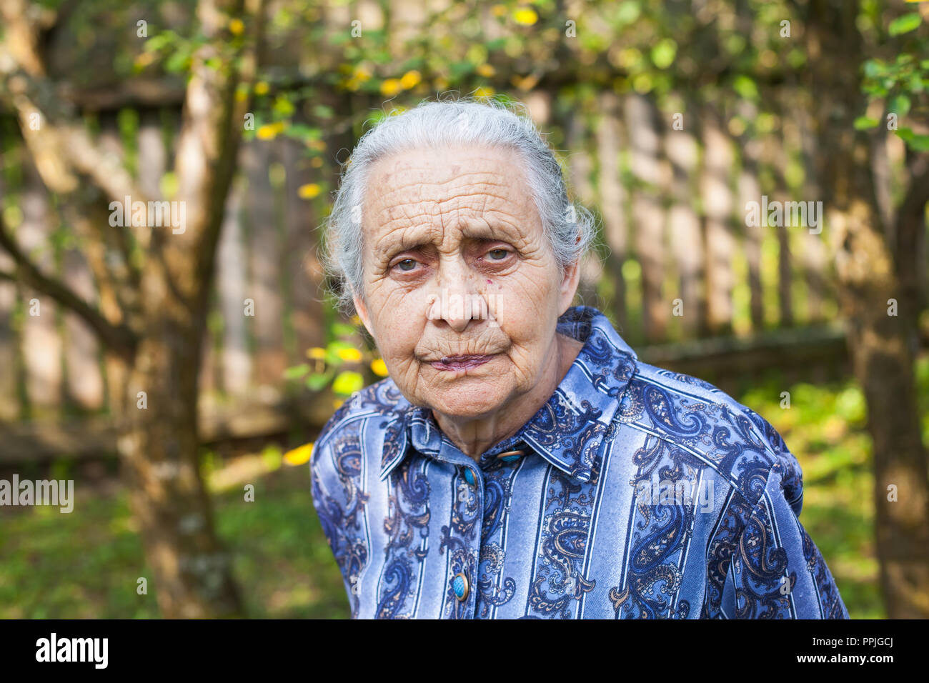 Ritratto di vecchia signora rugosa indossa vestito blu, passeggiate nel  giardino in estate Foto stock - Alamy