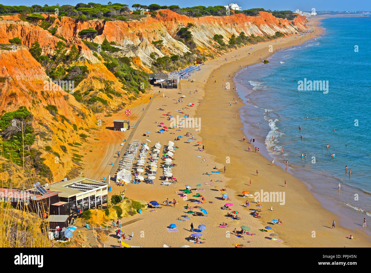 La splendida spiaggia di sabbia dorata di Praia de Falésia si estende oltre sei chilometri da Vilamoura a Olhos d'Agua, nella regione di Algarve in Portogallo. Foto Stock