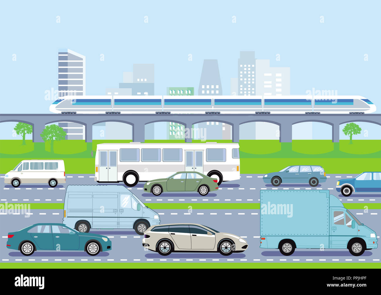 Il traffico su strada e il trasporto pubblico, illustrazione Foto Stock