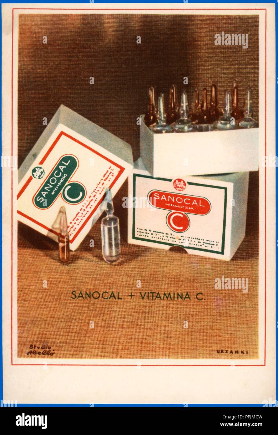 La pubblicità farmaceutica Sanocal complesso preparato dalla  somministrazione intramuscolare ed endovenosa di calcio e vitamine, 1950s  Foto stock - Alamy