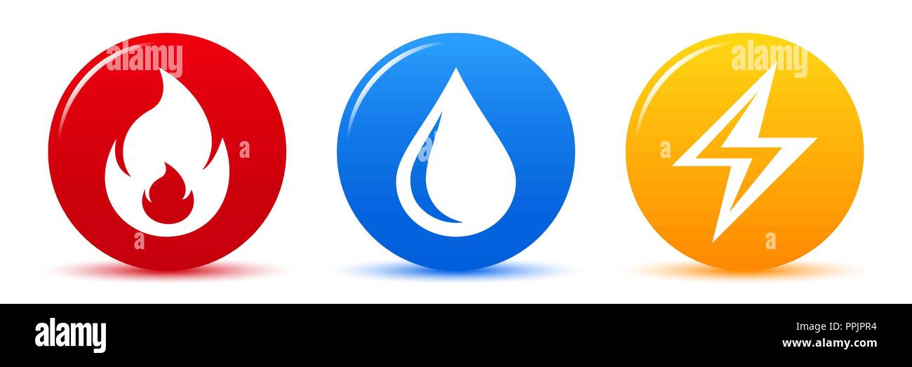 Vettore web icone fuoco, acqua, elettricità isolate su sfondo bianco Illustrazione Vettoriale
