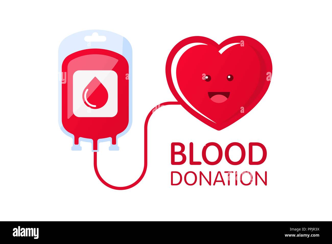 Donare sangue concetto con sacca di sangue e cuore carattere. La donazione di sangue illustrazione vettoriale isolati su sfondo bianco. Mondiale del donatore di sangue il giorno - Giugno Illustrazione Vettoriale